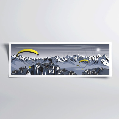 Belledonne wall poster paragliding over blue and purple mountains for decoration. Belledonne wall poster paragliding over blue and purple mountains for decoration.