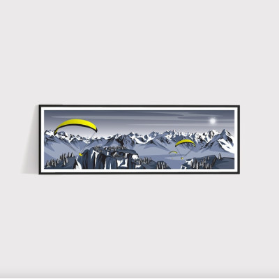Affiche murale belledonnes parapente au dessus des montagnes bleu et violet pour la décoration. Affiche murale belledonnes parapente au dessus des montagnes bleu et violet pour la décoration.