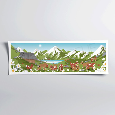 Wandposter mit Gänseblümchen, Kühen im Vorgänger, grünen Blumen und blauem Himmel als Dekoration. Wandposter mit Gänseblümchen, Kühen im Vorgänger, grünen Blumen und blauem Himmel als Dekoration.
