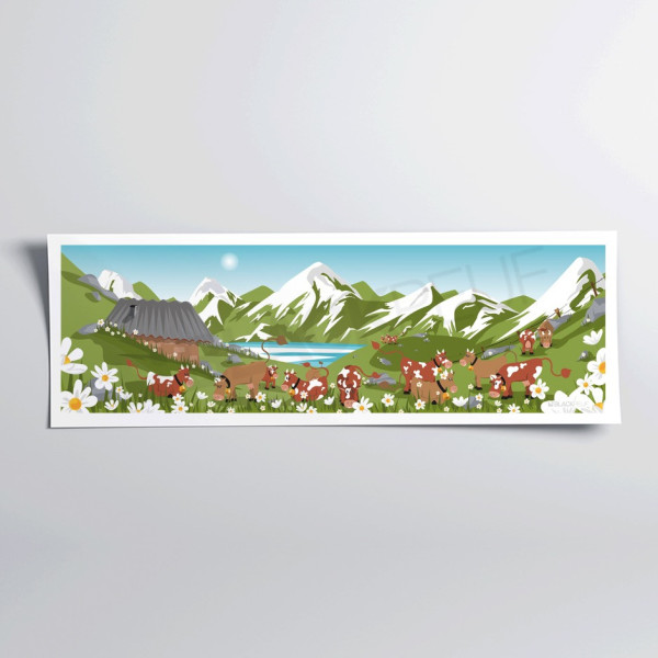 Wall poster with daisies, cows in the foreground, green flowers and a blue sky as decoration.