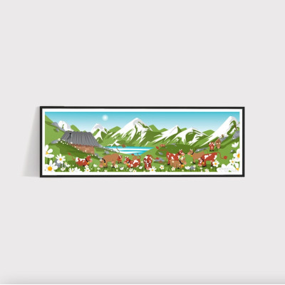 Poster da parete con margherite, mucche in un predecessore, fiori verdi e cielo azzurro come decorazione. Poster da parete con margherite, mucche in un predecessore, fiori verdi e cielo azzurro come decorazione.