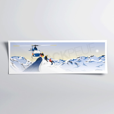 Wandposter Skifahrer Abfahrt Hubschrauber Berg blau und weiß für Dekoration