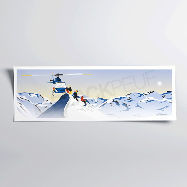 Affiche murale skieur départ en hélico montagne bleu et blanc pour décoration