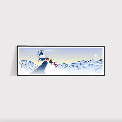 Blue and white mountain helicopter skier wall poster for decoration Blue and white mountain helicopter skier wall poster for decoration