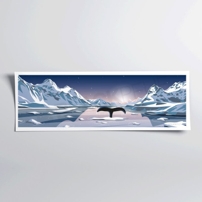 Wall poster of a whale in Antarctica in blue and white for decoration Wall poster of a whale in Antarctica in blue and white for decoration