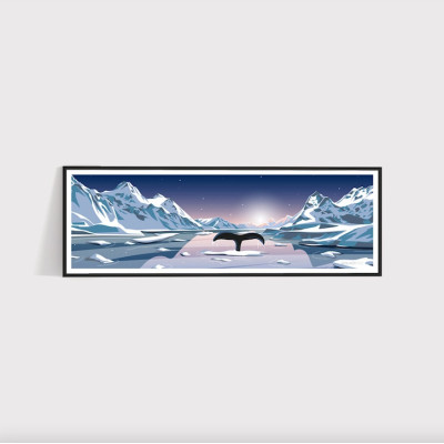 Wall poster of a whale in Antarctica in blue and white for decoration Wall poster of a whale in Antarctica in blue and white for decoration