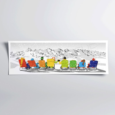 Affiche murale ambiance après-ski avec transat, illustration aux couleurs vives pour décoration