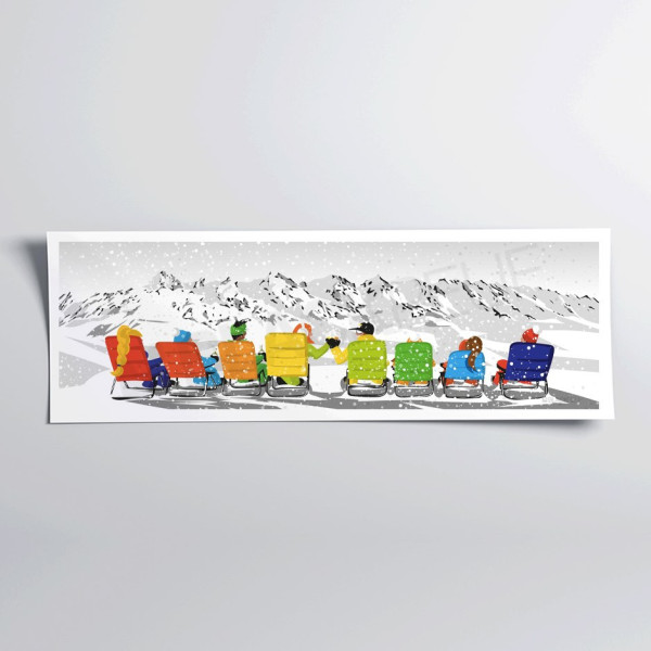 Wandposter Après-Ski-Atmosphäre mit Liegestuhl, Illustration in kräftigen Farben zur Dekoration