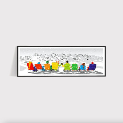 Wandposter Après-Ski-Atmosphäre mit Liegestuhl, Illustration in kräftigen Farben zur Dekoration Wandposter Après-Ski-Atmosphäre mit Liegestuhl, Illustration in kräftigen Farben zur Dekoration