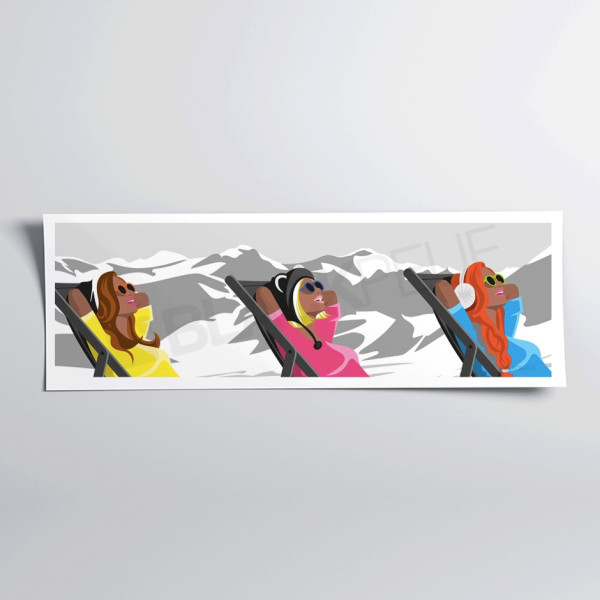 Affiche murale rétro aux couleurs jaune, rose et bleu de trois skieuses en transat pour décoration