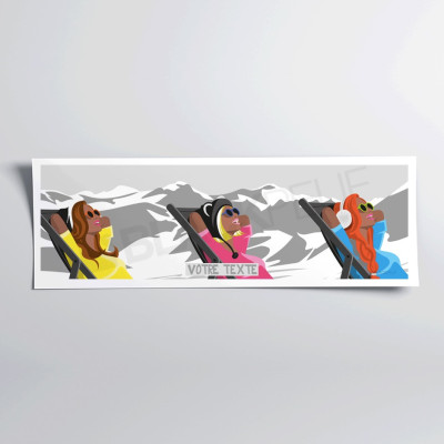 Affiche murale rétro aux couleurs jaune, rose et bleu de trois skieuses en transat pour décoration Affiche murale rétro aux couleurs jaune, rose et bleu de trois skieuses en transat pour décoration