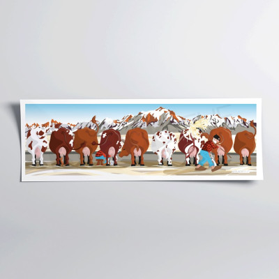 Wandposter „Oh die Kuh beim Fressen vor den braunen Bergen“ mit dem Bauern zur Dekoration. Wandposter „Oh die Kuh beim Fressen vor den braunen Bergen“ mit dem Bauern zur Dekoration.