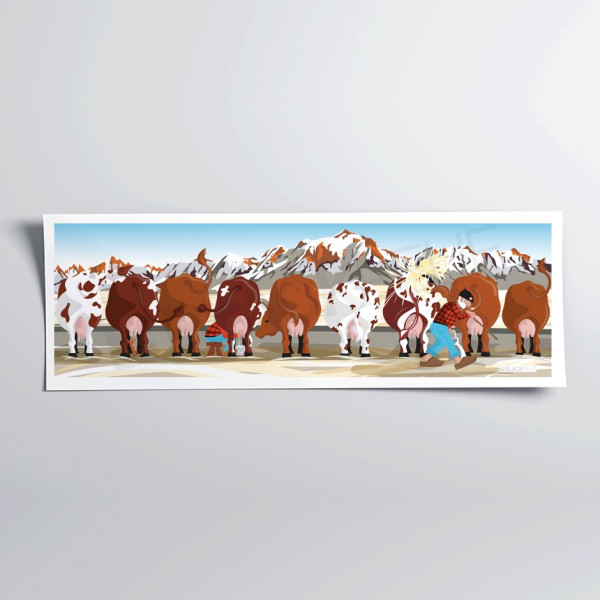 Wandposter „Oh die Kuh beim Fressen vor den braunen Bergen“ mit dem Bauern zur Dekoration.