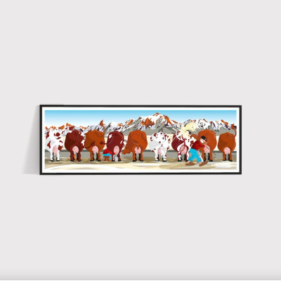 Wall poster oh the cow eating in front of the brown mountains with the farmer for decoration. Wall poster oh the cow eating in front of the brown mountains with the farmer for decoration.