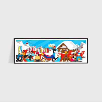 Poster einer Terrasse in einem Skigebiet in kräftigen Farben zur Dekoration