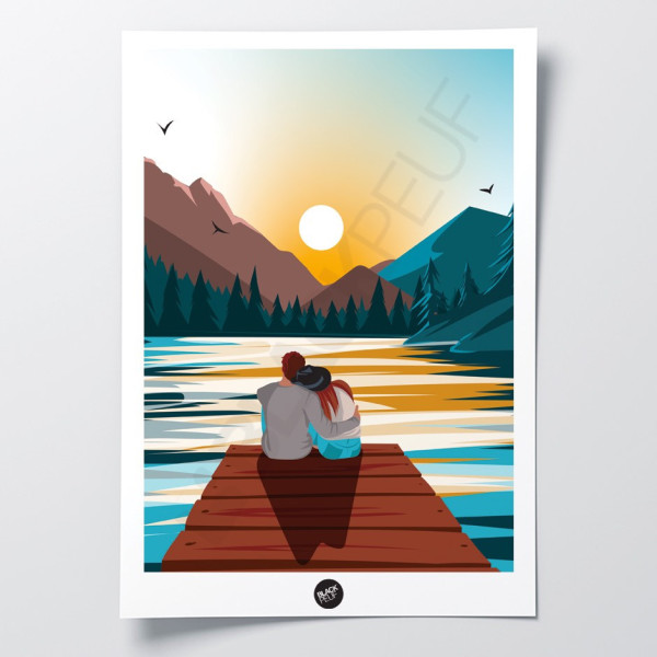 Wandposter eines Liebespaares auf einem Steg an einem See bei Sonnenuntergang zur Dekoration