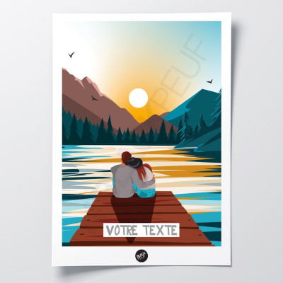 Affiche murale d’un couple d’amoureux sur un ponton au bord d’un lac au coucher de soleil pour décoration Affiche murale d’un couple d’amoureux sur un ponton au bord d’un lac au coucher de soleil pour décoration