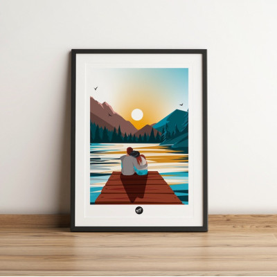 Affiche murale d’un couple d’amoureux sur un ponton au bord d’un lac au coucher de soleil pour décoration Affiche murale d’un couple d’amoureux sur un ponton au bord d’un lac au coucher de soleil pour décoration