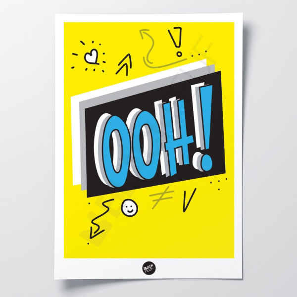 Affiche murale onomatopée ooh cri humour jaune et bleu pour la décoration.