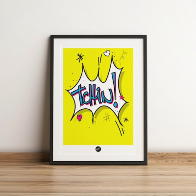 Yellow and blue humorous onomatopoeic wall poster depicting a ski resort, for decorative purposes. Yellow and blue humorous onomatopoeic wall poster depicting a ski resort, for decorative purposes.