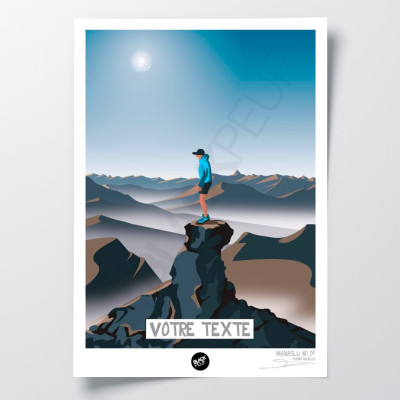 Poster da parete di un alpinista sulla vetta del Manaslu nei toni del marrone e del blu, per decorazione Poster da parete di un alpinista sulla vetta del Manaslu nei toni del marrone e del blu, per decorazione