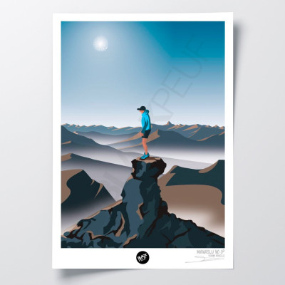 Poster da parete di un alpinista sulla vetta del Manaslu nei toni del marrone e del blu, per decorazione Poster da parete di un alpinista sulla vetta del Manaslu nei toni del marrone e del blu, per decorazione