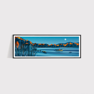 Affiche murale dernière pêche sur le lac bleu la nuit autour de la forêt orange pour la décoration. Affiche murale dernière pêche sur le lac bleu la nuit autour de la forêt orange pour la décoration.