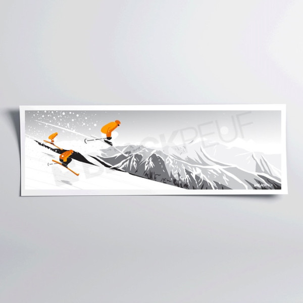 Wall poster of a skier hurtling down a slope in black, white and orange for decoration