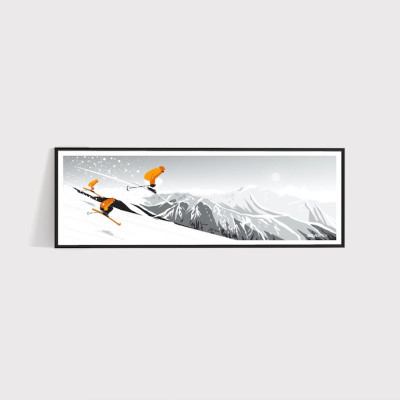 Wall poster of a skier hurtling down a slope in black, white and orange for decoration Wall poster of a skier hurtling down a slope in black, white and orange for decoration