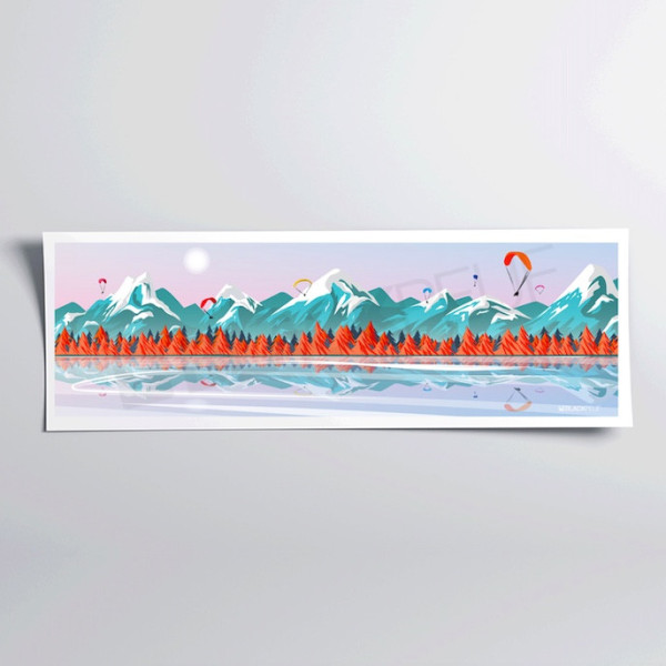 Affiche murale good vibes parapente au dessus des montagnes bleu et orange pour la décoration.