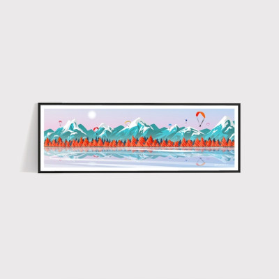 Affiche murale good vibes parapente au dessus des montagnes bleu et orange pour la décoration. Affiche murale good vibes parapente au dessus des montagnes bleu et orange pour la décoration.