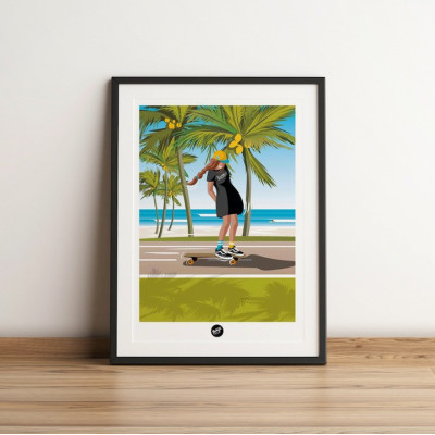 Poster da parete di uno skateboarder bruno che si dirige verso la spiaggia, in verde e blu per decorazione Poster da parete di uno skateboarder bruno che si dirige verso la spiaggia, in verde e blu per decorazione