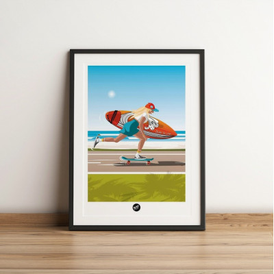 Wall poster of a blonde skateboarder with her surfboard, beach road, green and blue decor