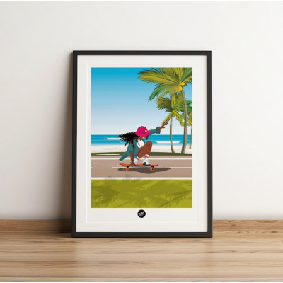 Affiche murale d’une skateuse aux cheveux frisés sur la route de la plage, vert et bleu déco