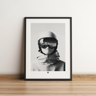 Schwarz-Weiß-Poster, minimalistische Fotografie, Design-Wanddekoration eines Skifahrers mit Helm, Maske und Brille. Schwarz-Weiß-Poster, minimalistische Fotografie, Design-Wanddekoration eines Skifahrers mit Helm, Maske und Brille.