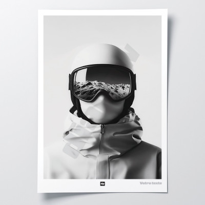 Affiche noir et blanc, photographie minimaliste, décoration murale design d’un skieur avec casque, masque et lunettes. Affiche noir et blanc, photographie minimaliste, décoration murale design d’un skieur avec casque, masque et lunettes.