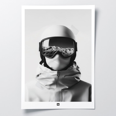 Schwarz-Weiß-Poster, minimalistische Fotografie, Design-Wanddekoration eines Skifahrers mit Helm, Maske und Brille. Schwarz-Weiß-Poster, minimalistische Fotografie, Design-Wanddekoration eines Skifahrers mit Helm, Maske und Brille.