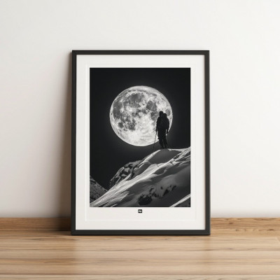 Poster in bianco e nero di uno sciatore in cima a una montagna sotto la luna piena, una fotografia di design minimalista. Poster in bianco e nero di uno sciatore in cima a una montagna sotto la luna piena, una fotografia di design minimalista.