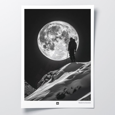 Poster in bianco e nero di uno sciatore in cima a una montagna sotto la luna piena, una fotografia di design minimalista. Poster in bianco e nero di uno sciatore in cima a una montagna sotto la luna piena, una fotografia di design minimalista.