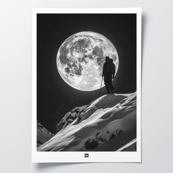 Poster in bianco e nero di uno sciatore in cima a una montagna sotto la luna piena, una fotografia di design minimalista.
