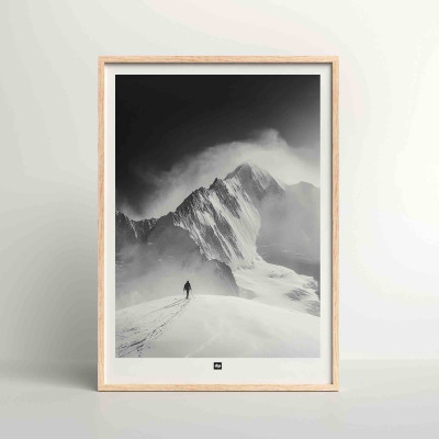 Minimalist black and white poster of a man facing the immensity of Mount Everest, design photography for wall decoration. Minimalist black and white poster of a man facing the immensity of Mount Everest, design photography for wall decoration.