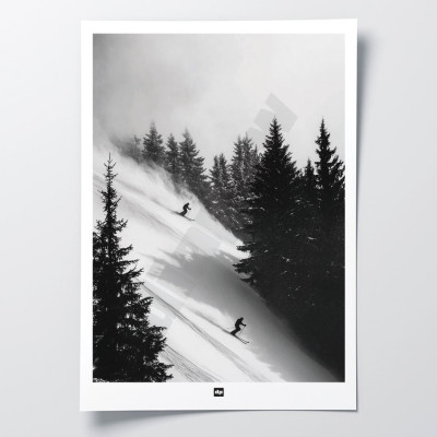 Poster in bianco e nero, fotografia di una discesa sugli sci tra gli abeti per una decorazione murale di design. Poster in bianco e nero, fotografia di una discesa sugli sci tra gli abeti per una decorazione murale di design.