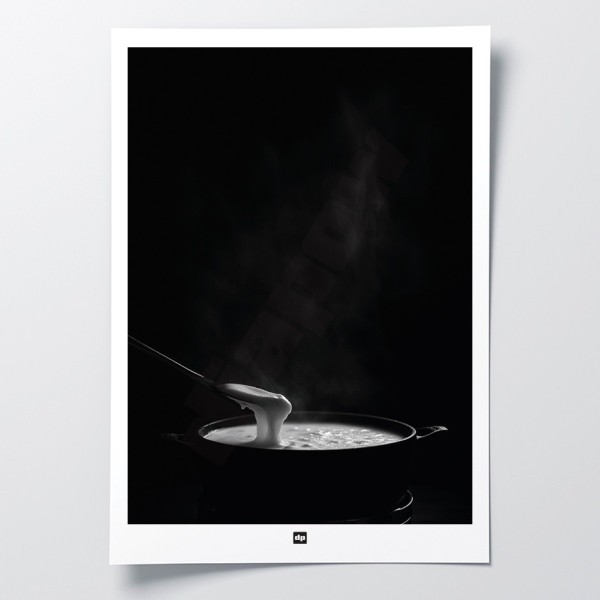 Affiche noir et blanc, photographie d'une fondue savoyarde pour décoration murale design et moderne.
