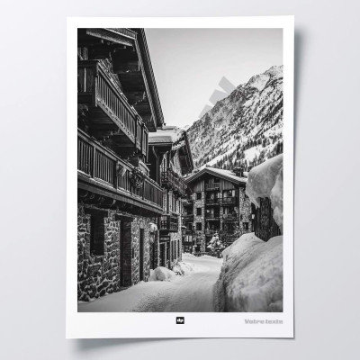Black and white poster, photograph of a village in a ski resort for a modern design wall decoration. Black and white poster, photograph of a village in a ski resort for a modern design wall decoration.