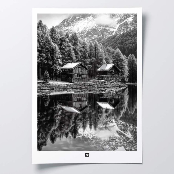 Poster in bianco e nero, fotografia di una baita in mezzo a un lago, circondata da boschi e montagne innevate.