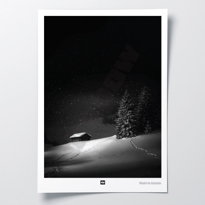 Black and white poster, photograph of an isolated cabin in the mountains, between fir trees and snow, for modern decoration. Black and white poster, photograph of an isolated cabin in the mountains, between fir trees and snow, for modern decoration.