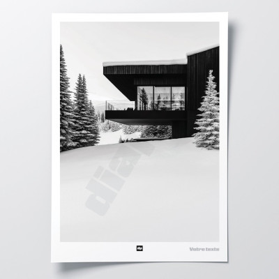 Schwarz-Weiß-Poster, Fotografie eines Luxus-Chalets in den Bergen, zwischen Schnee und Tannenbäumen, für moderne Dekoration. Schwarz-Weiß-Poster, Fotografie eines Luxus-Chalets in den Bergen, zwischen Schnee und Tannenbäumen, für moderne Dekoration.