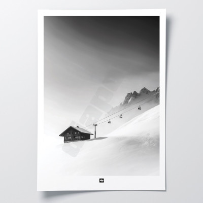 Black-and-white poster, photograph of a small resort lost in the mountains, for modern design decor. Black-and-white poster, photograph of a small resort lost in the mountains, for modern design decor.