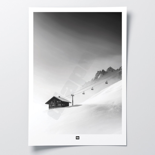 Affiche noir et blanc, photographie d'une petite station perdue dans la montagne, pour décoration design et moderne.