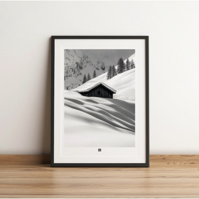 Black-and-white poster, photograph of a refuge lost in the snowy mountains, for modern design decor. Black-and-white poster, photograph of a refuge lost in the snowy mountains, for modern design decor.